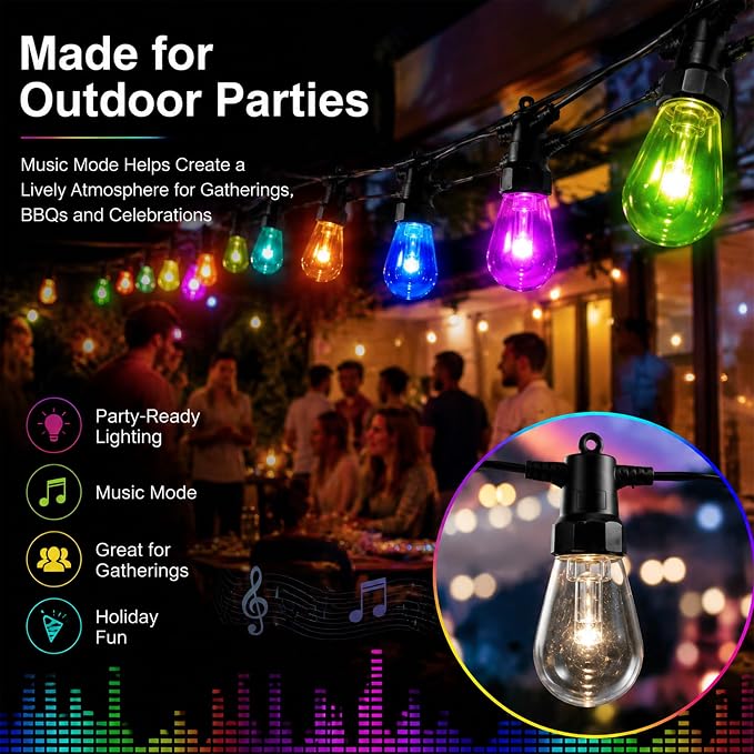Outdoor String Lights 27FT, RGBW Patio Lights with App & Remote Control | 10 ST14 bulbs, RGBW color modes, app control, remote control, music mode, timer, patio decor