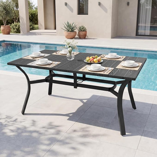 63'' Outdoor Dining Table for 6, Black Metal Patio Dining Table with 1.97'' Umbrella Hole,Anti-Rust Waterproof Square Table for Porch Deck Poolside Garden Backyard