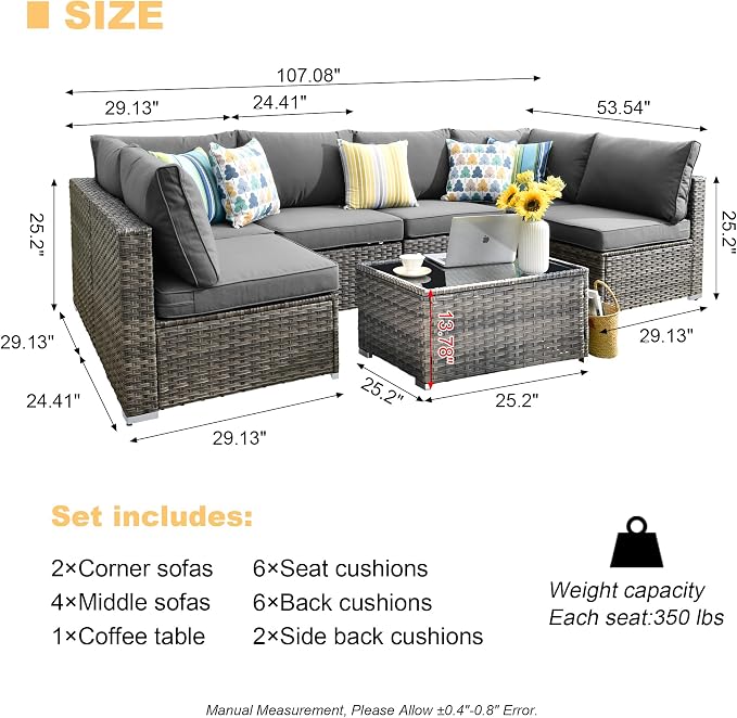 HOOOWOOO Patio Outdoor Sectional Furniture Sofa Set,7 Piece U Shaped Corner Wicker Rattan Couch Set,Rustic 6 Persons Summer Patio Conversation Set for Outside Porch Deck Garden(Charcoal Gray)