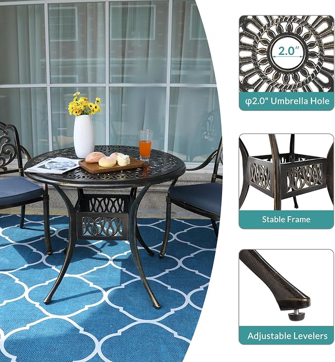 MEETWARM 3 Piece Patio Bistro Set, Outdoor All-Weather Cast Aluminum Dining Furniture Set Includes 2 Cushioned Chairs and a 35.4” Round Table with Umbrella Hole for Garden Deck, Navy Blue