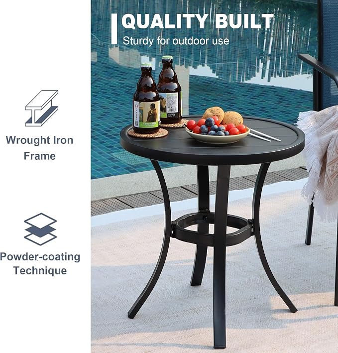 VICLLAX Patio 3 Pieces Outdoor Bistro Side Table Dining Set, Small Patio End Table Round Coffee Table and 2 Swivel Textilene Chairs for Lawn,Garden,Porch,Black/Brown