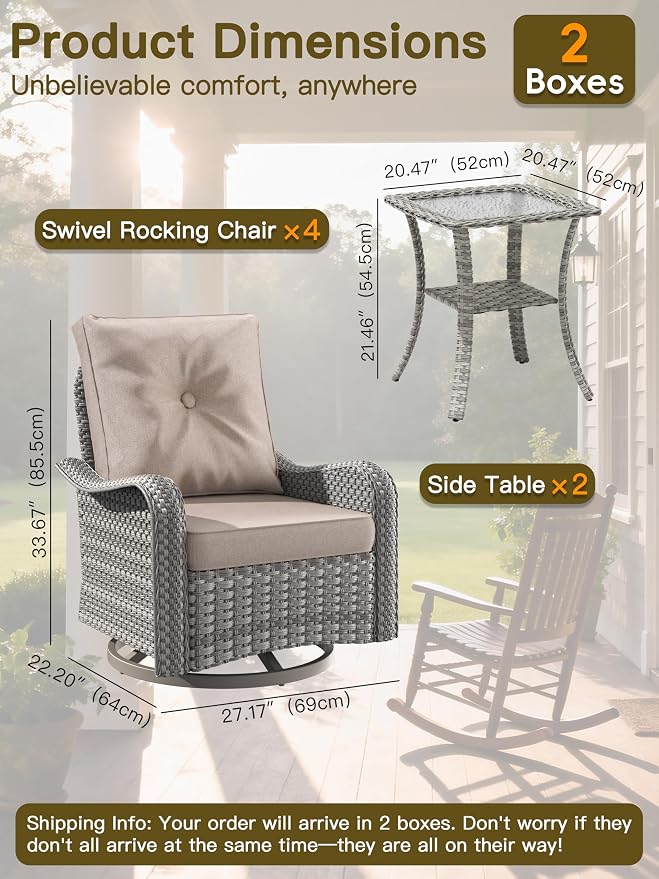 6-Piece Patio Furniture Set, Outdoor Swivel Rocking Chairs with 4" Thick Cushions & Side Table, All-Weather PE Rattan & Rust-Resistant Steel Frame Conversation Set for Porch, Garden, Backyard, Beige