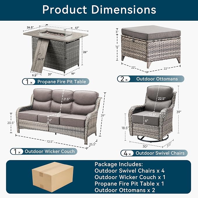 Luxury High Back Outdoor Furniture 6-Inch Thick Cushions with 50,000 BTU Gas Propane Fire Pit Tablet, Patio Furniture Set with Swivel Chairs, 8 PCS for Porch, Balcony, Deck and Yard