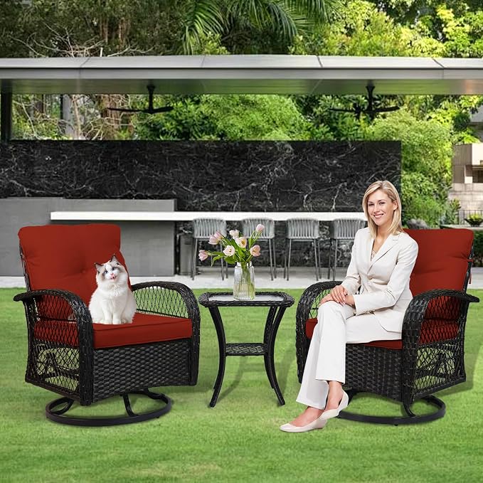 SHGJ&SOFT 3 Piece Patio Furniture Set, 2 Outdoor Swivel Rocking Chairs with Side Table, Wicker Glider Chairs, All-Weather Rattan Bistro Set for Porch, Deck, Pool (Red, Brown Open-Weave Rattan)