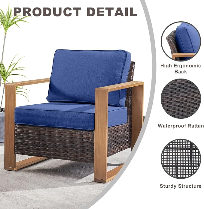 Rilyson Wicker Outdoor Patio Chairs Set of 2, Rattan Patio Furniture Chairs with Sturdy Frame,All-Weather PE Wicker,Wide Armrest,Deep Seating and Thick Cushions for Deck Porch Garden(Brown/Blue)