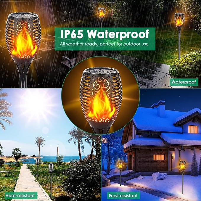 TomCare Flickering Flame Solar Torch Lights Outdoor, 43" Tall, 6 Pack | Realistic 99-LED Flame Effect, Charges in 6-8 Hours, 10-12-Hour Runtime, IP65 Waterproof, Auto On/Off for Yard, Patio, Garden