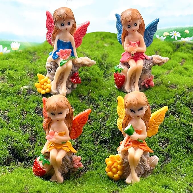 Suartus 4Pcs Miniature Fairy Garden Figurines, Resin Small Fairies Ornaments Mini Elf Statues for DIY Fairy Garden Outdoor Patio Yard Flower Pot Bonsai Micro Landscapes Craft Decoration Accessories