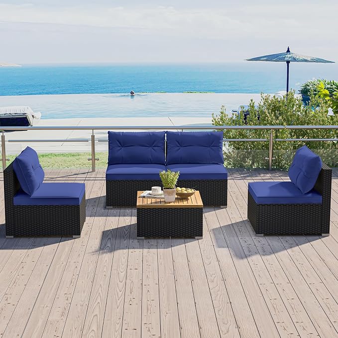 HAPPYGRILL 5 Pieces Patio Rattan Sofa Set, Outdoor Furniture Set with Seat & Back Cushions, Square Coffee Table with Acacia Wood Tabletop, Wicker Patio Conversation Set, Navy