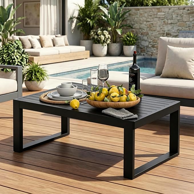 Aluminum Outdoor Patio Coffee Table for Deck, and Poolside (Black, All-Aluminum)