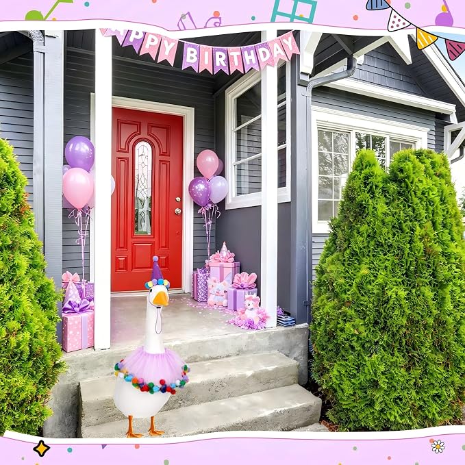 Birthday Porch Goose Outfit Lawn Clothes Hat and Tutu Collar Plastic Outfits for 23" 17" Cement Goose Outdoor Garden Lawn Art Decor (Purple,Tutu Skirt)