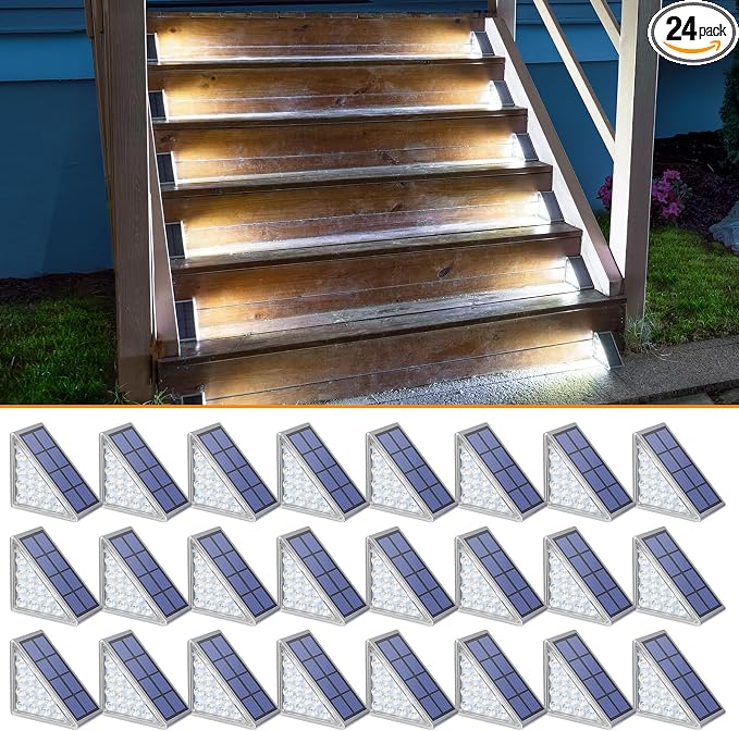 Solar Step Lights,24 Pack Cool White Solar Stair Lights Outdoor Waterproof IP67 Auto On Off,Solar Lights for Steps,Stair,Patio,Yard,Porch,Front Door,Sidewalk,Deck Decor