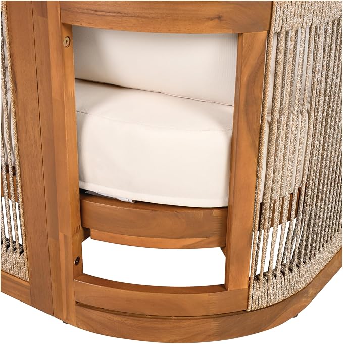 KLMM 4-Piece Patio Seating Group with 2 Chairs, Loveseat & Table,Acacia Wood Outdoor Furniture Set, Curved Tub Design with Woven Rope Accents,for Patio Balcony Garden (Teak+Beige-PP)