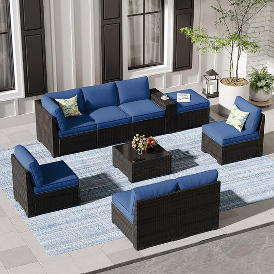 Jing's Villa 9-Piece Patio Furniture Set, All-Weather Outdoor Wicker Sectional Sofa with Cushions, Tempered Glass Table & Ottoman, Rattan Conversation Seating for Porch, Garden, Backyard,Navy