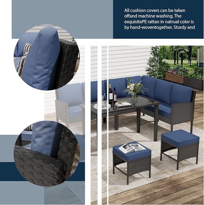7-Piece Outdoor Patio Furniture Set, Wicker Sectional Sofa with Seat & Back Cushions, All-Weather Conversation Set with Long Glass Coffee Table for Garden, Porch, Lawn, Khaki