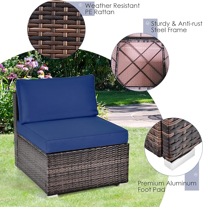 DORTALA 6 Pieces Patio Furniture Set, Outdoor Wicker Conversation Set with Glass Coffee Table, Wicker Sofa Set with Back & Seat Cushions, Rattan Sectional Conversation Couch Set, Navy