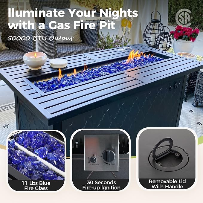 MIXPATIO Patio Furniture Set with Firepit Table, 4 Pcs Metal Outdoor Conversation Set, 2 Rocking Chairs and 3 Seater Sofa with 5.75" Extra Thick Cushion and Gas Fire pit Table for Backyard Deck, Beige