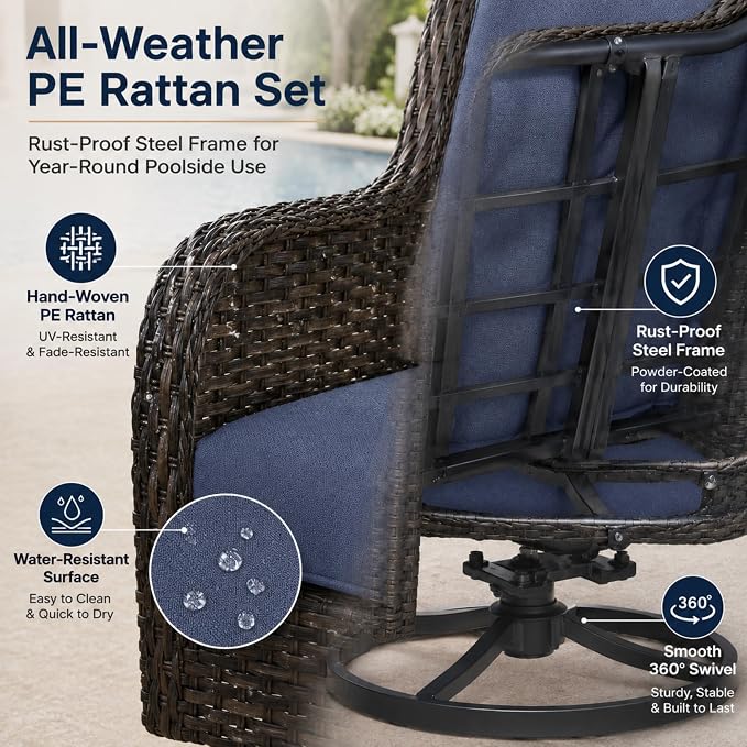 HUMMUH Outdoor Swivel Rocker Wicker Patio Chairs High Back PE Rattan Glider Chairs 4PCS Patio Furniture Set(Brown,Blue)