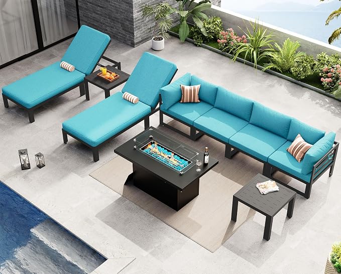 NICESOUL 9 Pcs Extra Large Contemporary Aluminum Outdoor Furniture Set with Chaise Lounge & Fire Pit Table, 29" Deep Wide Couch Set, 500 lbs Heavy Duty Comfy Patio Sectional Sofa for Poolside, Teal