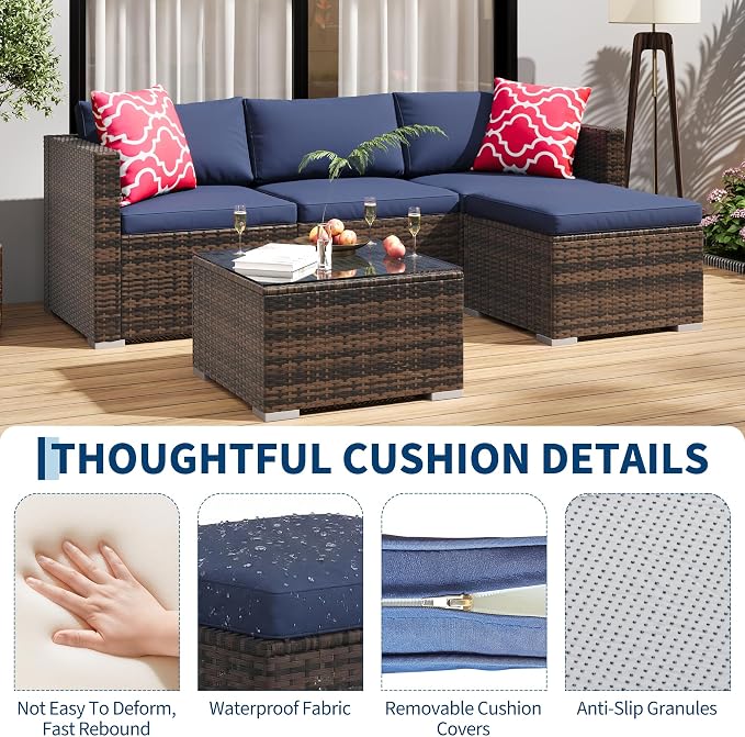 5-Piece Outdoor Sectional Sofa Set, All-Weather PE Rattan Patio Furniture with Ottoman & Tempered Glass Table, Convertible Garden Couch for Backyard, Porch, Poolside (Brown/Dark Blue)