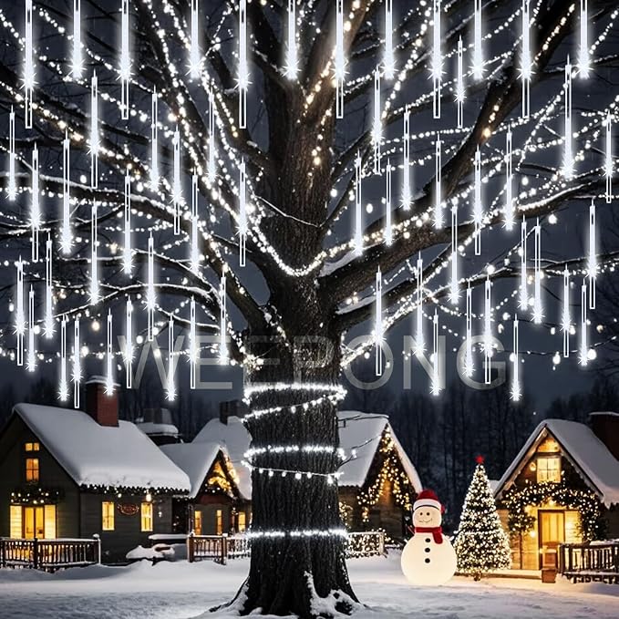 Weepong Christmas Lights Outdoor 32 Tubes 768 LEDs Meteor Shower Lights UL Certified Snow Falling Rain Drop Icicle String Light for Xmas Tree Christmas Decorations Outdoor Wedding Party Window,White