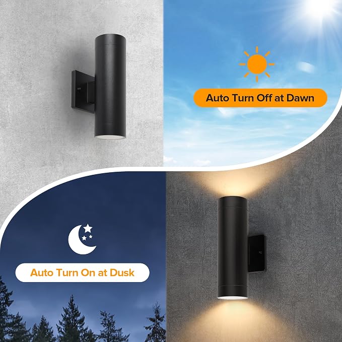 LUTEC Dusk to Dawn Outdoor Wall Lights, 16W Integrated LED Cylinder Up-Down Sconce, 3000K Waterproof Aluminum Exterior Lighting, Matte Black Modern Porch and Entryway Wall Light Fixture, 4 Pack