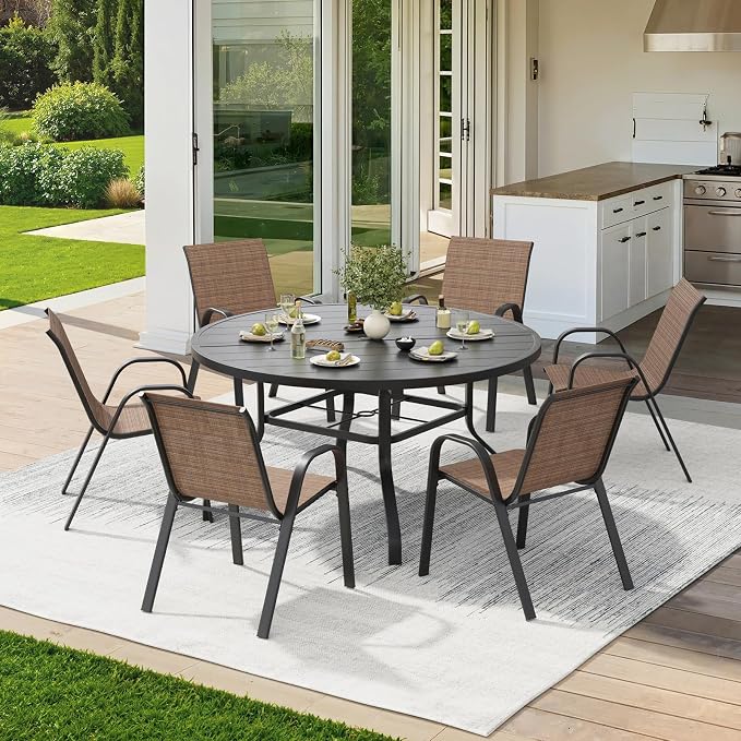 Soohow Outdoor Dining Set for 6, 7-piece Outdoor Patio Dining Set 6 x Stackable Patio Chairs & 1 x Round Table with Umbrella Hole, All-Weather Outside Table and Chairs for Backyard, Balcony, Porch