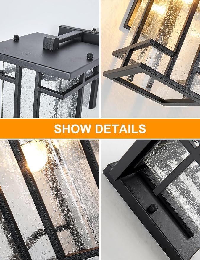 Rustic Dusk to Dawn Outdoor Wall Light Fixture 13.8"H Waterproof Exterior Wall Sconces Black Metal with Seeded Glass Sensor Outdoor Wall Lantern for House Patio Porch,Entryway,Garage Wall Lamps