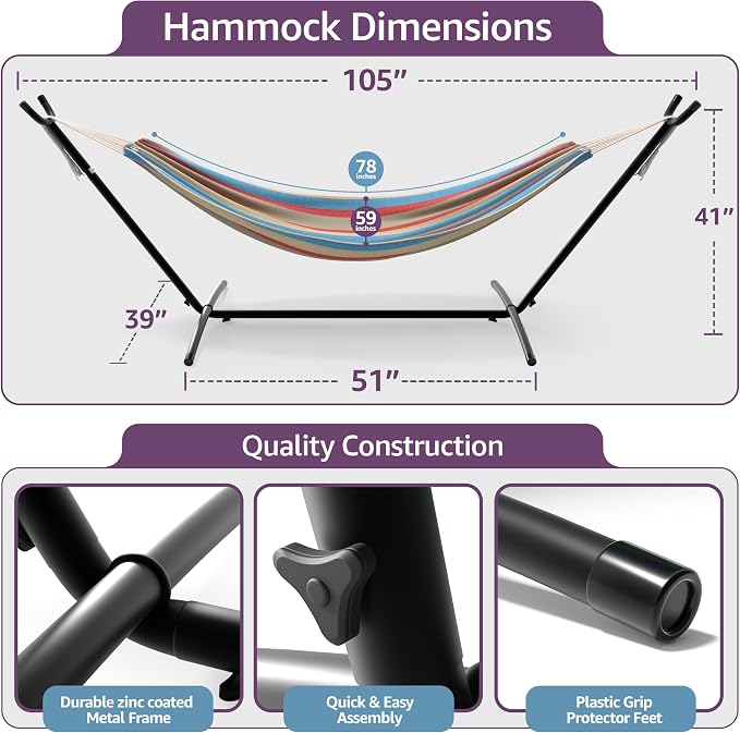 Sorbus 2-Person Luxury Hammock with Steel Stand- Premium Cotton Blend 60" Large Bed- Heavy Duty 450lbs Portable w/Carrying Case - for Garden Yard Patio Outdoor Camping Gifts- Washable