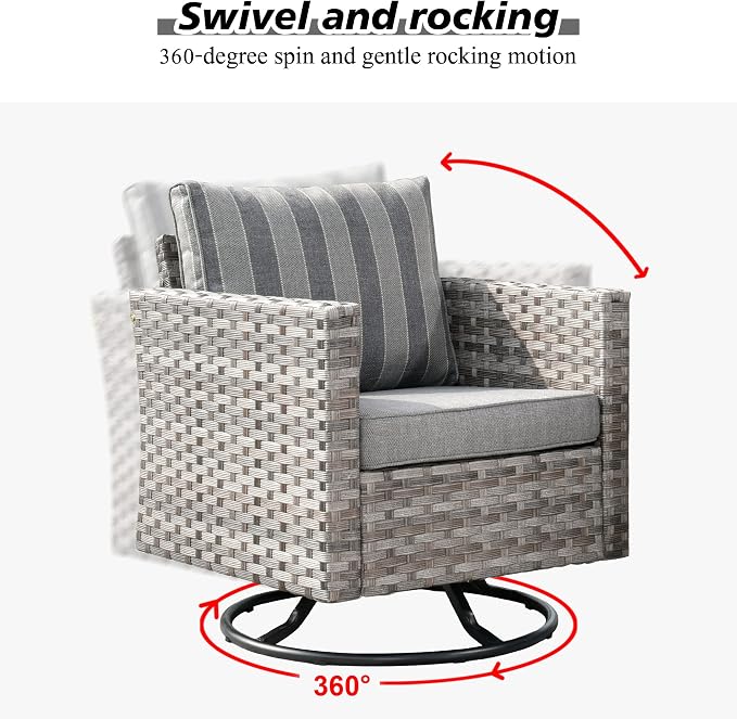 HOOOWOOO Outdoor Patio Sectional Furniture Sofa Set with Large Fire Pit Table,9 Piece Modern Wicker Couch with Swivel Chair,Modular Conversation Seating Set with Widened Armrest(Grey Strips)