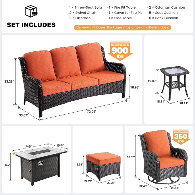 ovios 7-Piece Patio Furniture Set with Swivel Chairs Side Table, Outdoor Wicker Sofa with 42" Fire Pit Table, High Back Couch Modern Conversation Sets, Brown/Orange Red