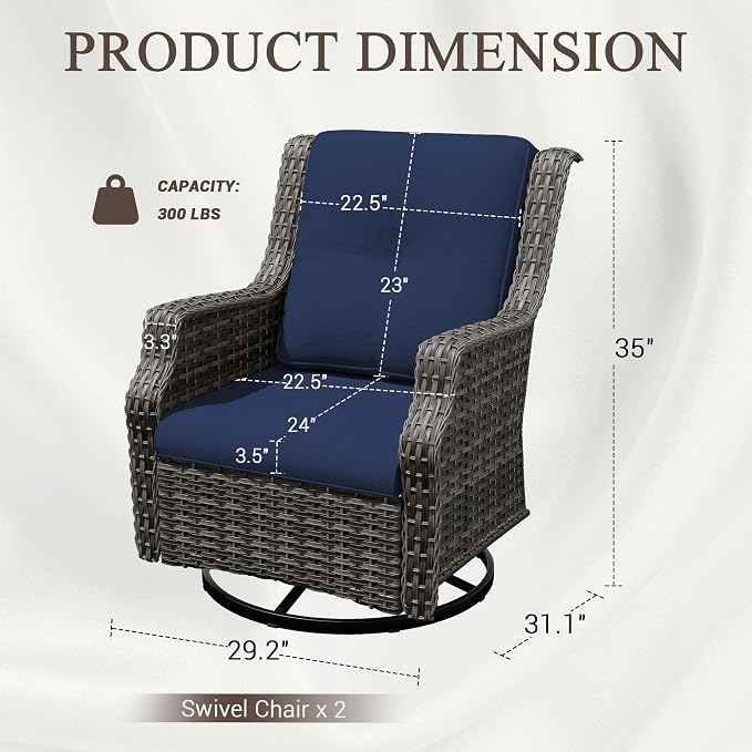 Outdoor Wicker Chairs Set of 2, Patio Swivel Rattan Chair with Wide Armrest and Thick Cushions, Ideal for Backyard, Garden, Poolside, Blue