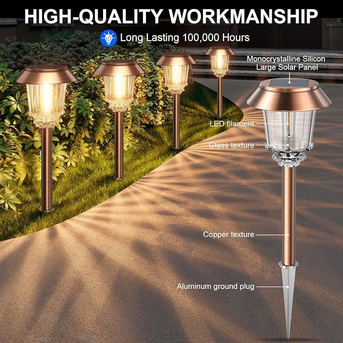 XMCOSY+ Solar Pathway Lights Outdoor, 6 Pack Solar Light Outdoor Waterproof | Stainless Steel & Aluminum 10-40LM Dimmable Warm White for 12H, IP65 Solar Powered Auto On/Off Outdoor Light for Yard Garden
