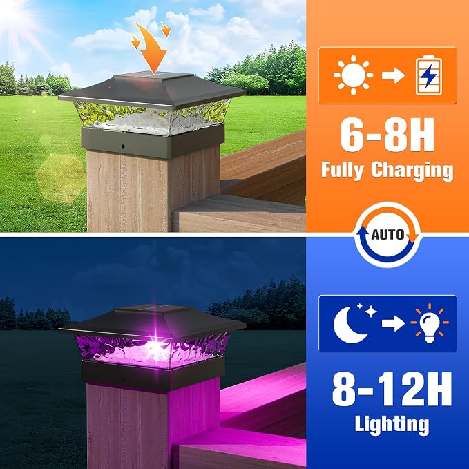 APONUO Solar Post Cap Lights with 8 RGB Solid Colors & Multicolor Flow - 12 Pack 6x6 Post Cap Solar Light, IP65 Waterproof - Fits 4x4 5x5 6x6 Wood & Vinyl Posts - Black