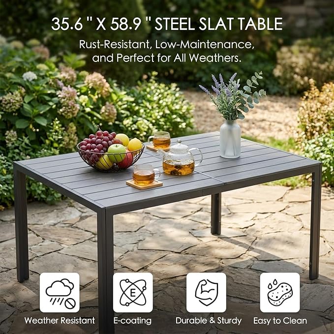 Kozyard Coolmen Outdoor Patio Indoor Dining Table Rectangle 58.9" L × 35.6" W Land Wood Like Laminate Tabletop for 6 People Porch Balcony Garden Brown