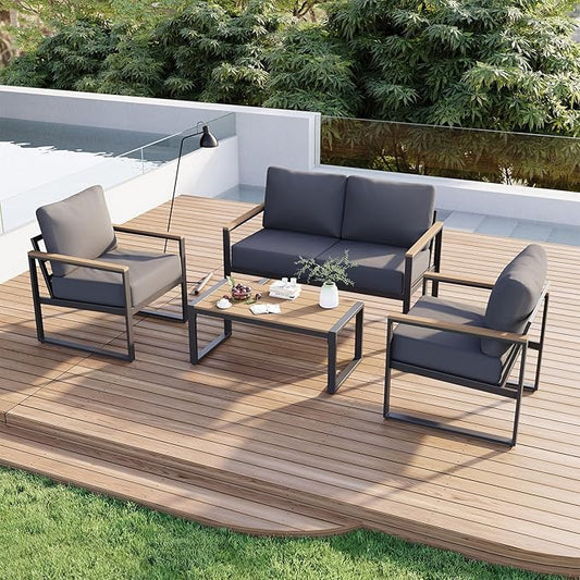 Aoxun 4 Piece Patio Furniture Set, Outdoor Patio Furniture with Thick Cushions, Modern Metal Outdoor Conversation Sets with Coffee Table for Porch, Balcony, Deck Dark Grey