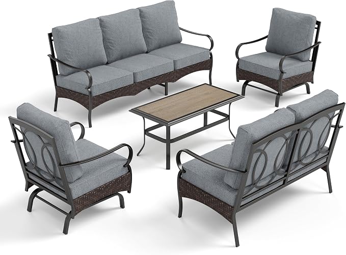 PHI VILLA Outdoor Modern Patio Furniture Set, Upgraded Wicker & Metal Patio Conversation Set with Waterproof Thick Cushions for Porch, Poolside, Yard (5 Pieces,Grey)
