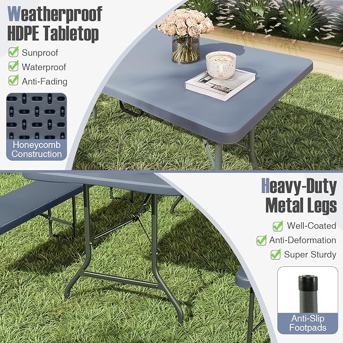 Goplus Folding Table, HDPE Portable Table with 6 ft Long Tabletop, Metal Frame Picnic Camping Table with Safe Lock, Collapsible Dining Table for Camping, Picnic, Party (Gray, 6 FT)