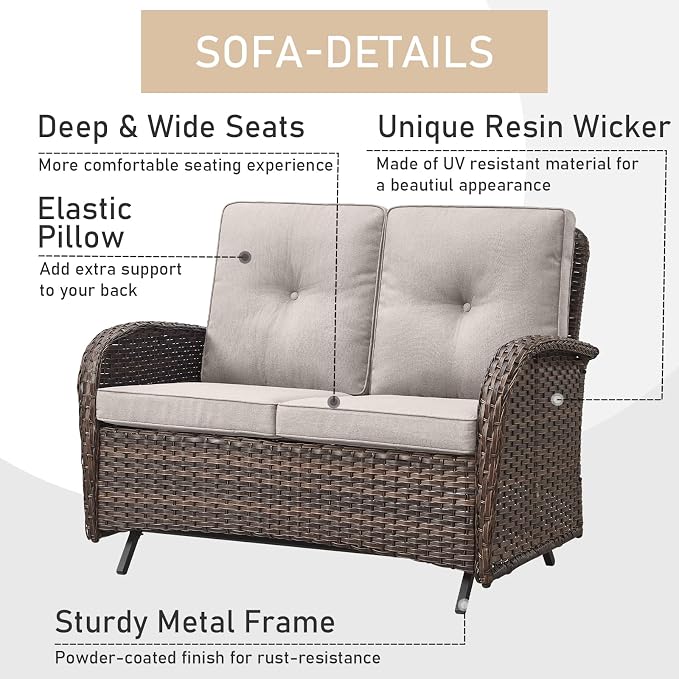 HUMMUH 7-Piece Patio Furniture Set with Fire Pit,Wicker Patio Glider Loveseat Outdoor Swivel Rocker Chairs with Ottomans for Backyard,Poolside,Deck