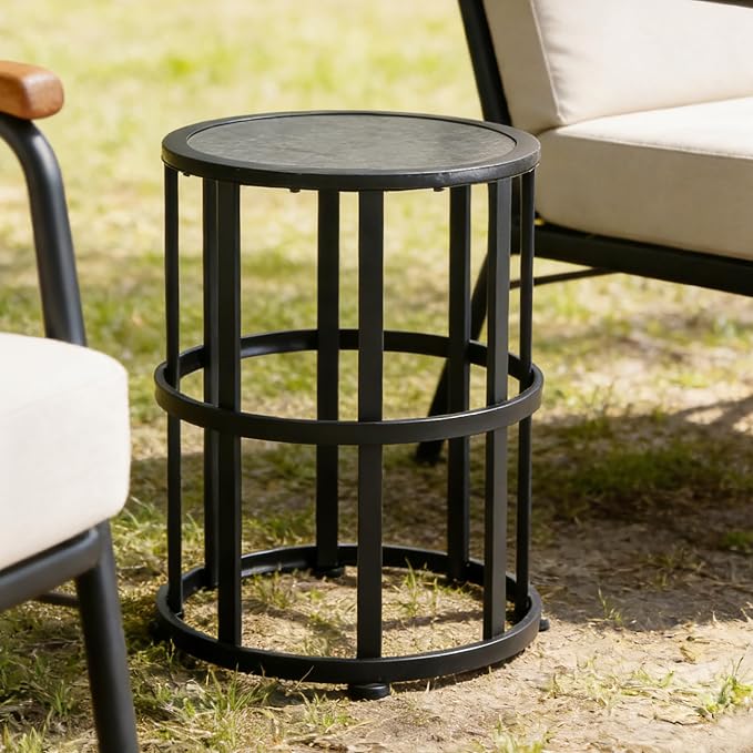 Black Metal Round Patio Side Table, Open Cylinder Slatted Outdoor End Table, Weather Resistant Iron Accent Drink Table for Backyard Garden Porch Poolside, Modern Indoor & Outdoor Pedestal Side Table