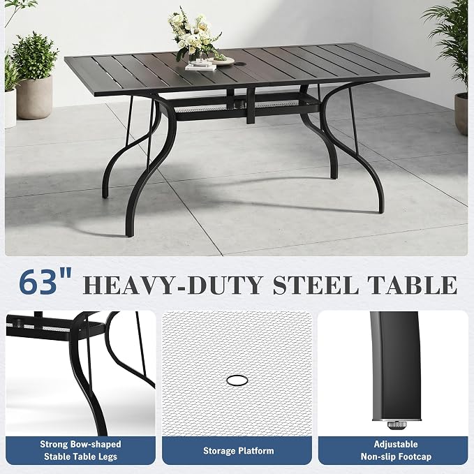 HOMREST 63"x38" Black Patio Outdoor Dining Table Metal Steel Slat Rectangular Bistro Table for Porch Deck Garden Backyard Poolside, 1.6" Umbrella Hole