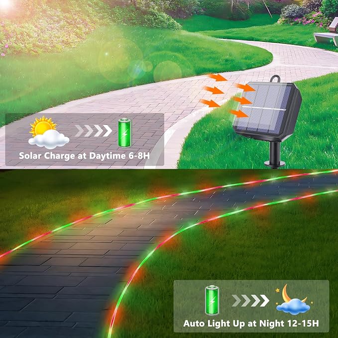 Solar Rope Lights, 2 Pack Total 66ft 200LED Solar String Lights, 8 Modes Waterproof Solar Outdoor Light, Flexible Clear Trampoline Light for Garden Yard Patio Deck Porch Pool Tree Decor - Red & Green