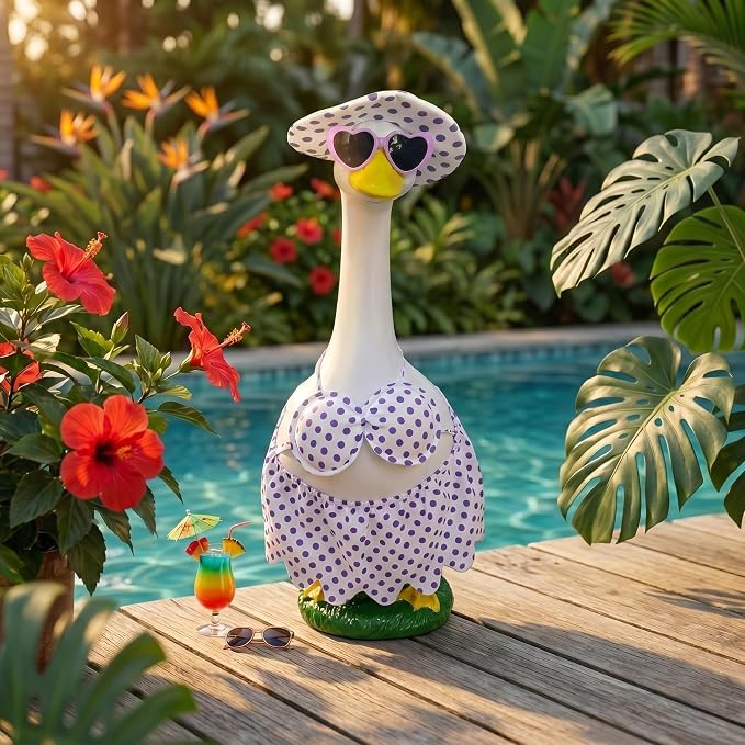 Large Porch Goose Statue Decor - 20″ Porch Goose Resin with Purple Summer Bikini Outfits, Garden Decor Lawn Goose Figurine, Indoor Outdoor Yard Decor, Unique Housewarming Birthday Gifts for Mom Women