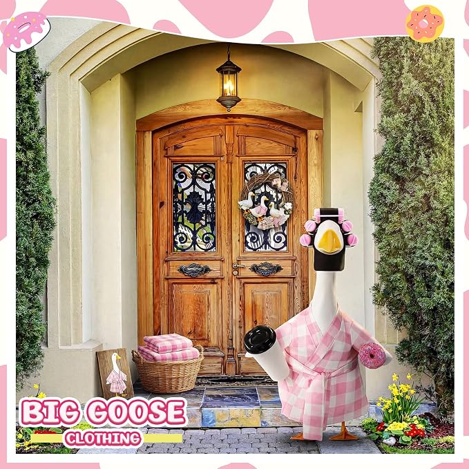 Shyyween Lady Porch Goose Outfit for 23'' Cement Plastic Lawn Goose Statue Clothes Pink Plaid Bathrobe Coffee Cup Curlers for Outdoor Garden Yard Patio Decoration