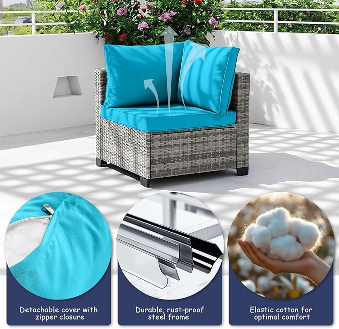 7-Piece Outdoor Patio Furniture Set, Gray PE Rattan Sectional Sofa with Turquoise Cushions and Steel Frame, Coffee Table Included, Modular Outdoor Conversation Set for Patio Garden Poolside
