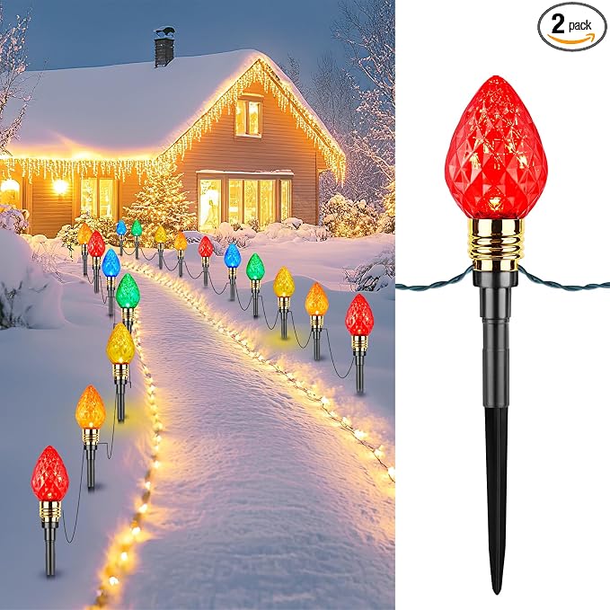 2 Pack Strawberry C9 Christmas Pathway Lights Outdoor, Total 34.8FT 20 LED | Connectable Christmas Walkway Light, Waterproof Christma Lights Outdoor Decorations for Yard Lawn Holiday Outside, Multicolor