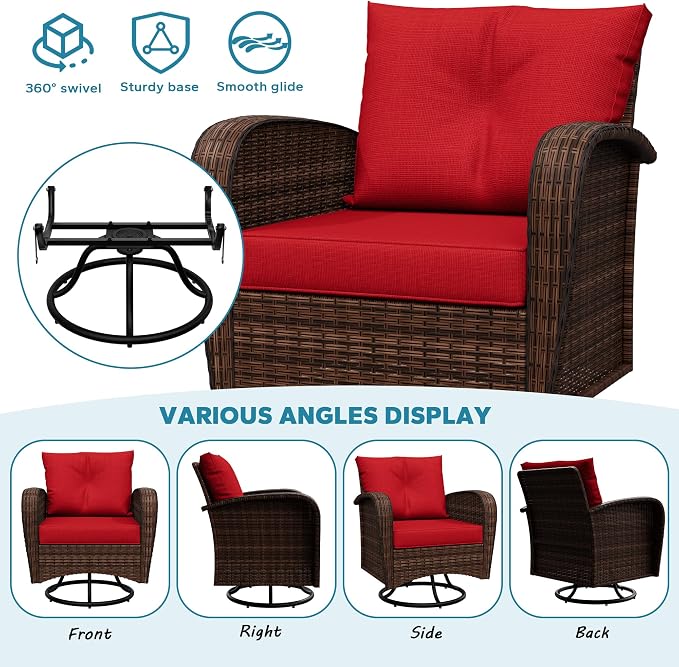 4 Pieces Patio Set, 73" Rattan Loveseat Sofa, Coffee Table, Wicker Swivel Glider Chairs, Cushion with Water Resistant Cover, Outdoor Conversation Furniture, Couch for Sunroom (Navy Blue)