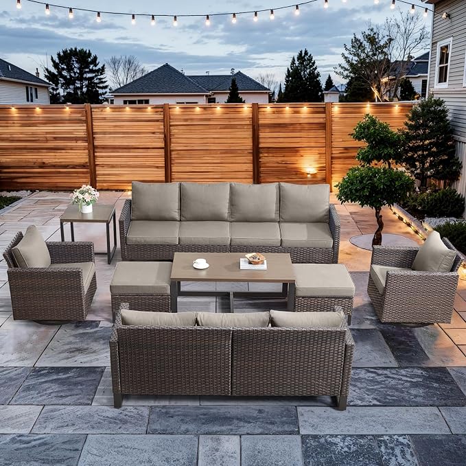 HUMMUH 9 Piece Patio Furniture Set Outdoor Sectional Sofa,High Back Patio Swivel Rocker Chairs with Ottomans Coffee Table for Porch,Garden,Backyard(Brown/Grey)