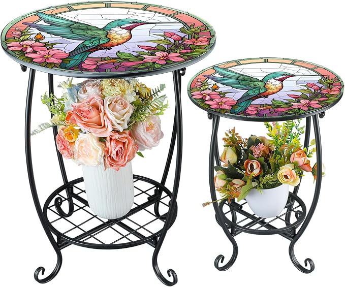 Cinnvoice 2 Pcs Outdoor Side Table Small Patio Round Mosaic Accent End Table Indoor Plant Metal Coffee Tea Tables for Patio Yard Porch Garden Living Room(12" and 16",Hummingbird Style)