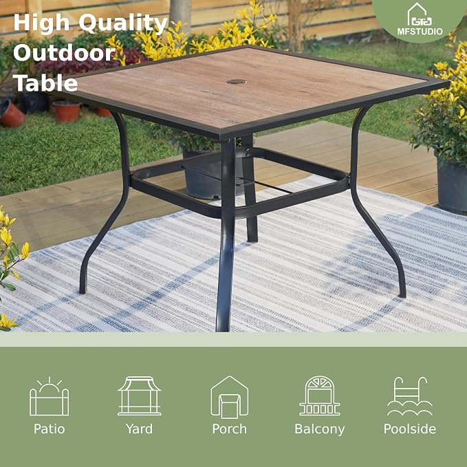 MFSTUDIO 5-Piece Patio Dining Set, Swivel Metal Chairs, Umbrella Hole | 37" Square Wood-Look Metal Table, Removable Cushions