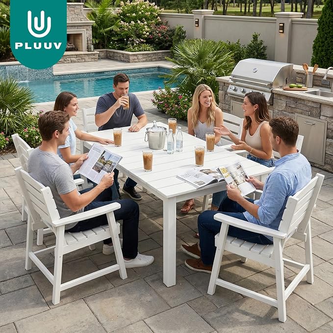 PLUUV 7-Piece Outdoor Patio Dining Set, All-Weather HDPE Dining Furniture Set with Umbrella Hole Cut-Out Table, Aluminum Table Legs, and 6 Chairs, Waterproof & Easy Clean for Backyard, Garden, White